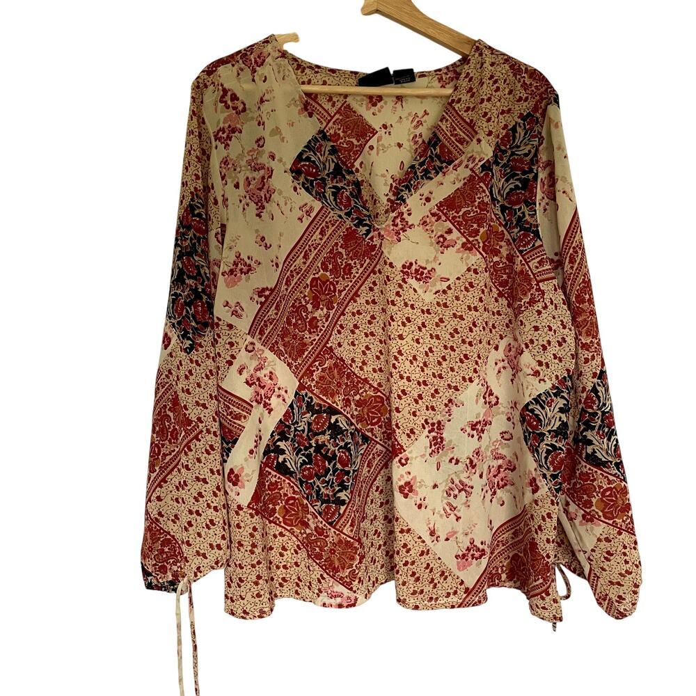 Sonoma vintage boho flowy cream patchwork blouse women's size 2XL v-neck top
